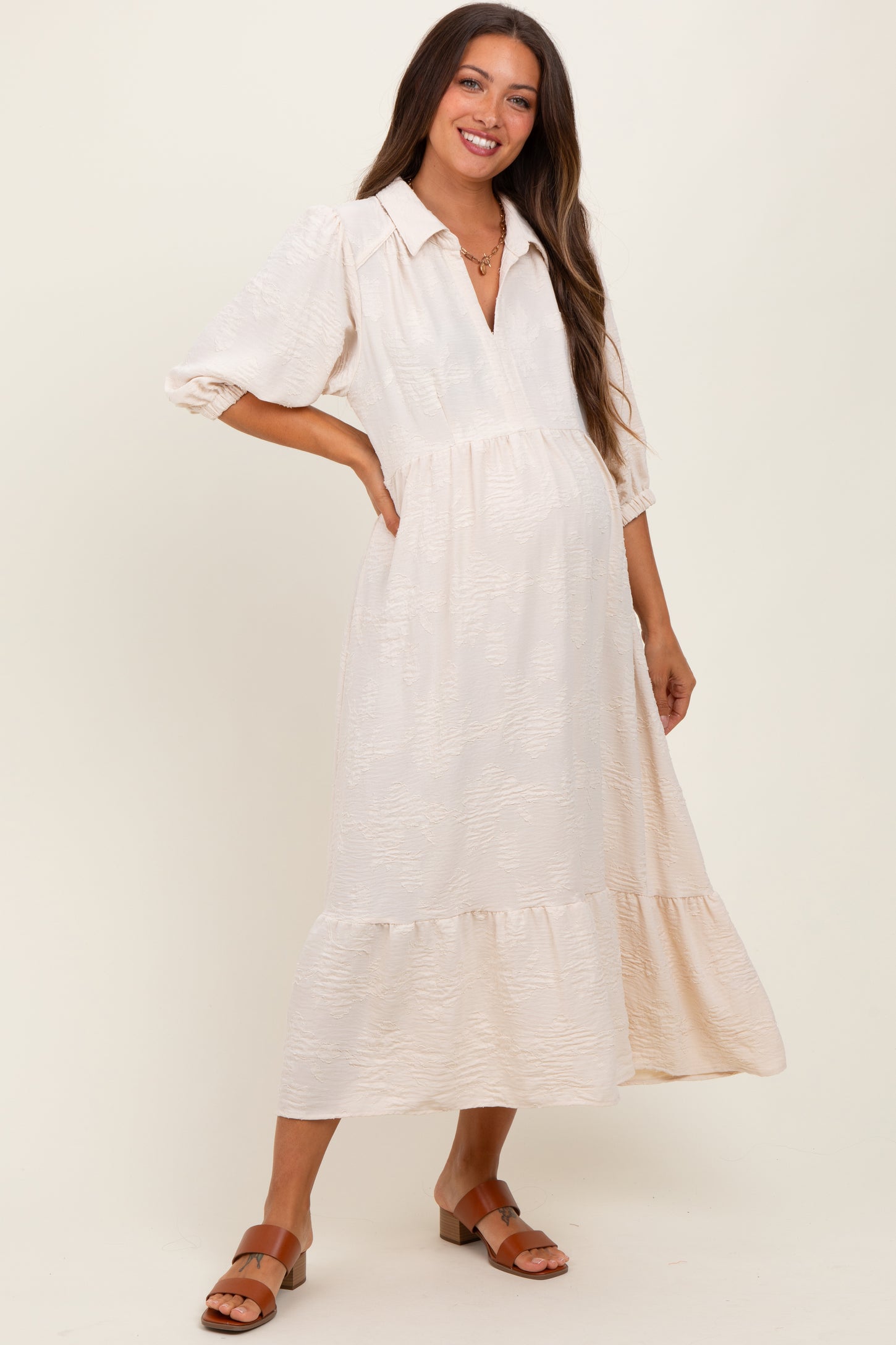 Cream Floral Applique Collared Maternity Midi Dress