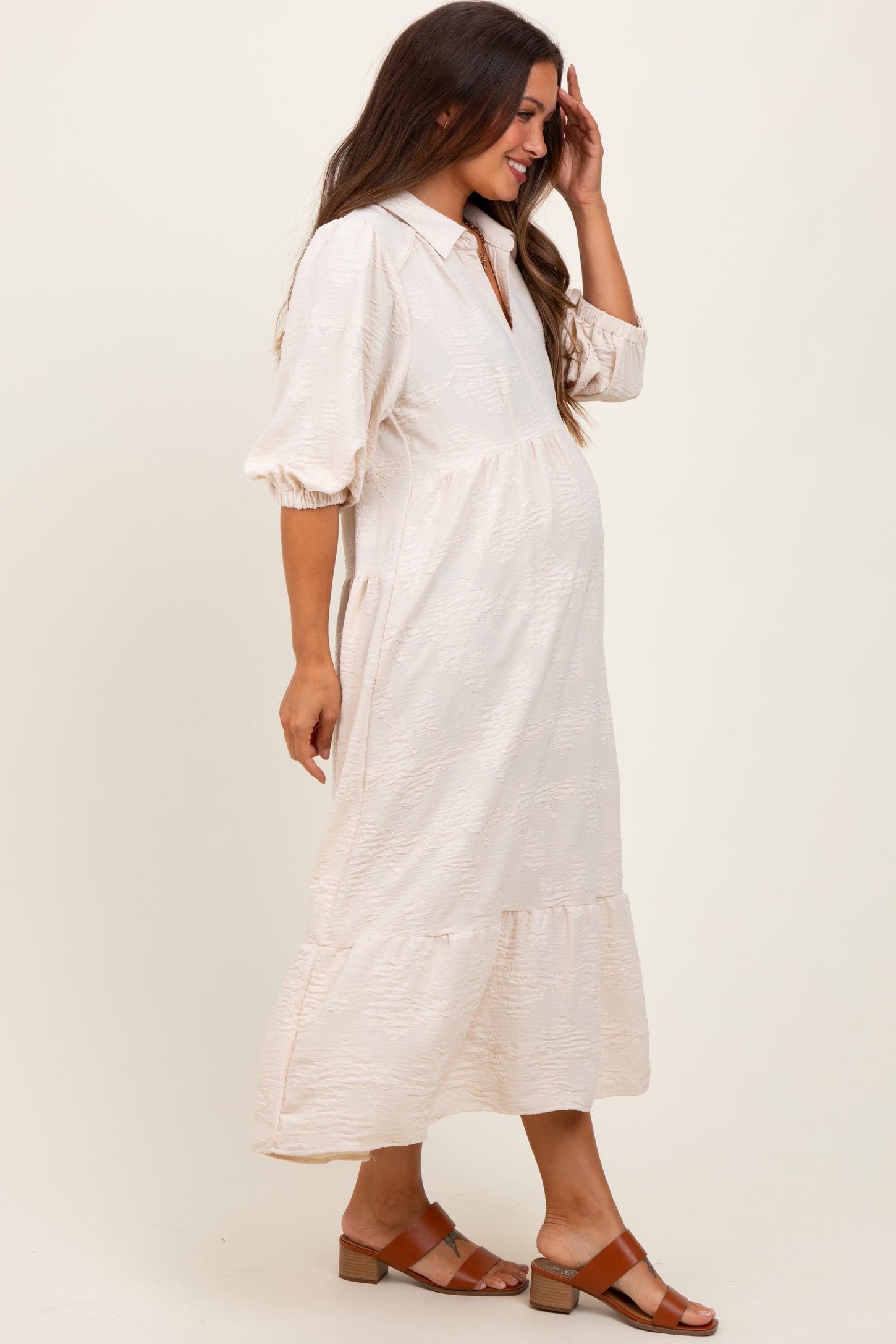 Cream Floral Applique Collared Maternity Midi Dress