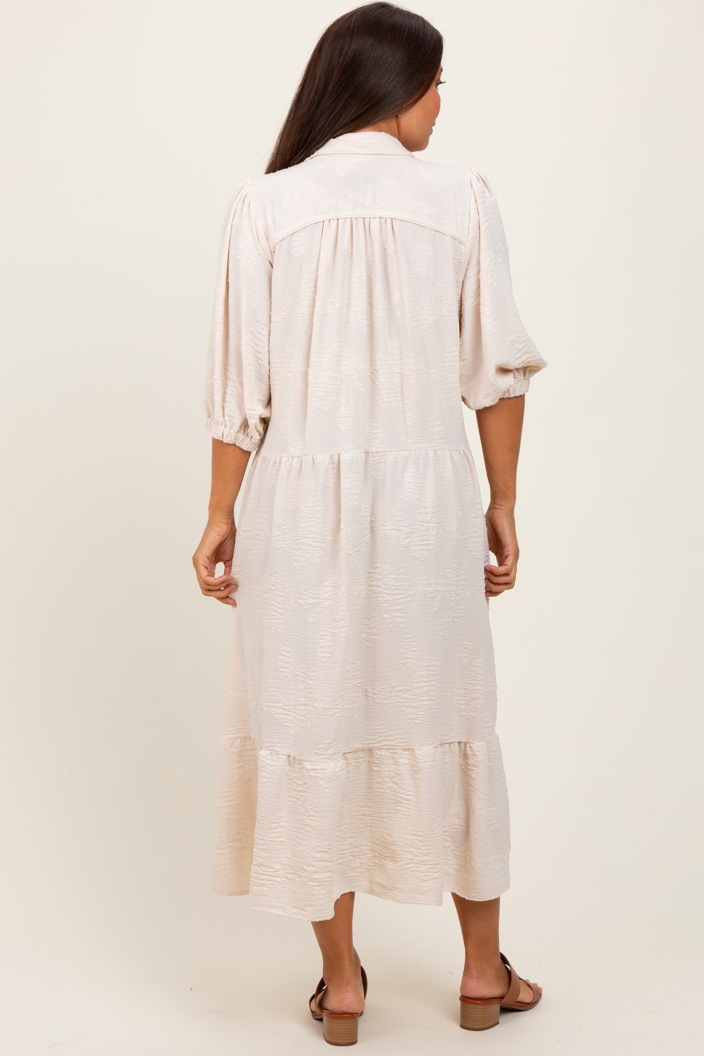 Cream Floral Applique Collared Maternity Midi Dress