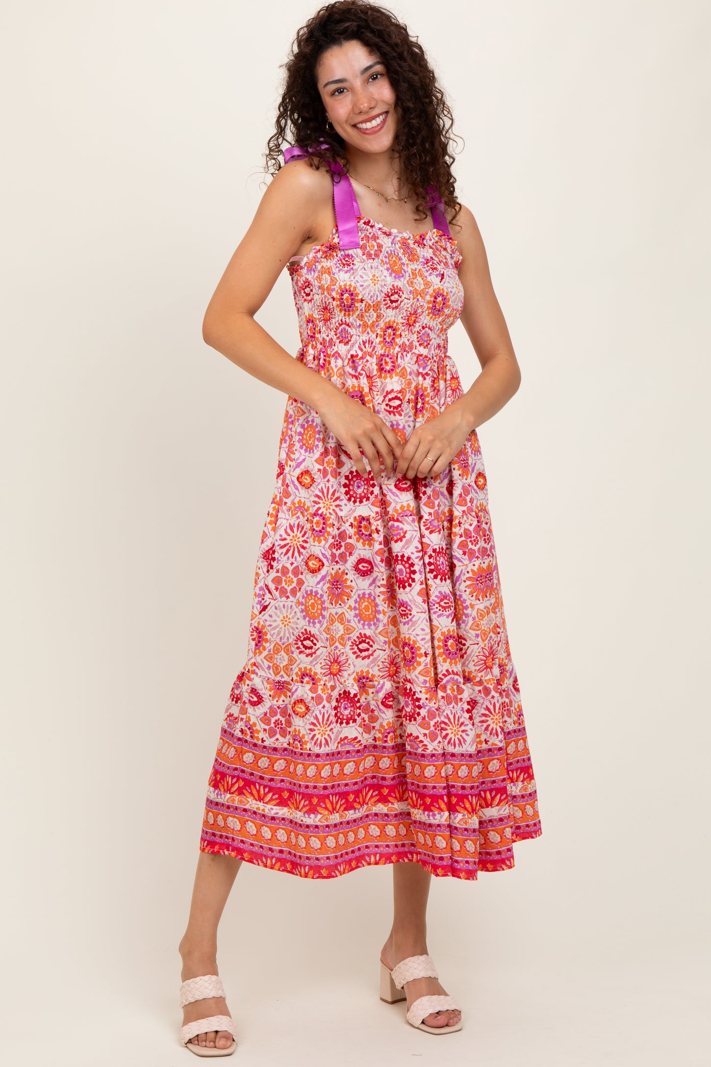 Orange Floral Shoulder Tie Smocked Midi Dress
