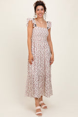 Red Floral Bow Trim Lace Detail Smocked Maxi Dress