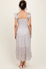 Blue Floral Bow Trim Lace Detail Smocked Maxi Dress