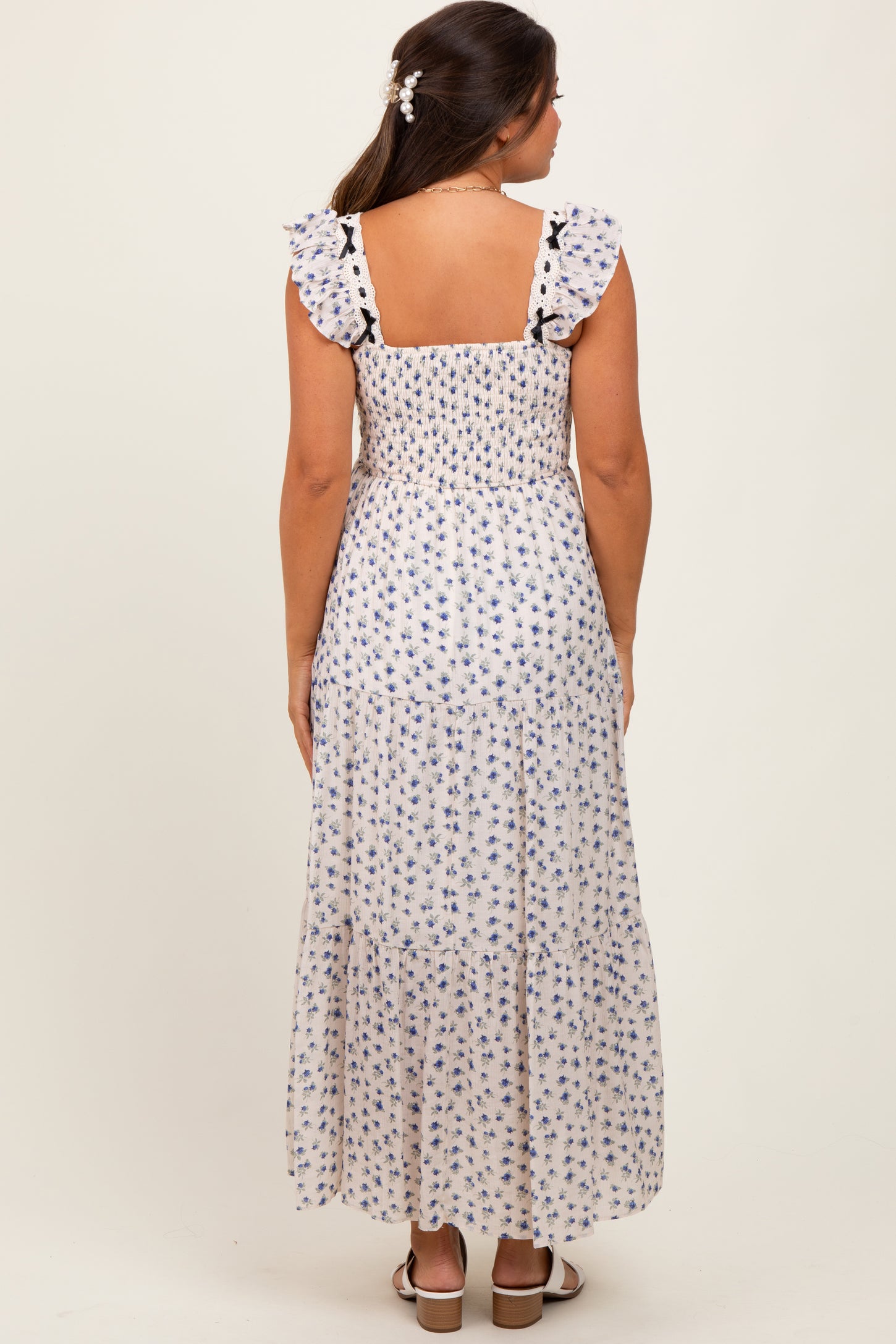 Blue Floral Bow Trim Lace Detail Smocked Maternity Maxi Dress