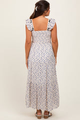 Blue Floral Bow Trim Lace Detail Smocked Maternity Maxi Dress