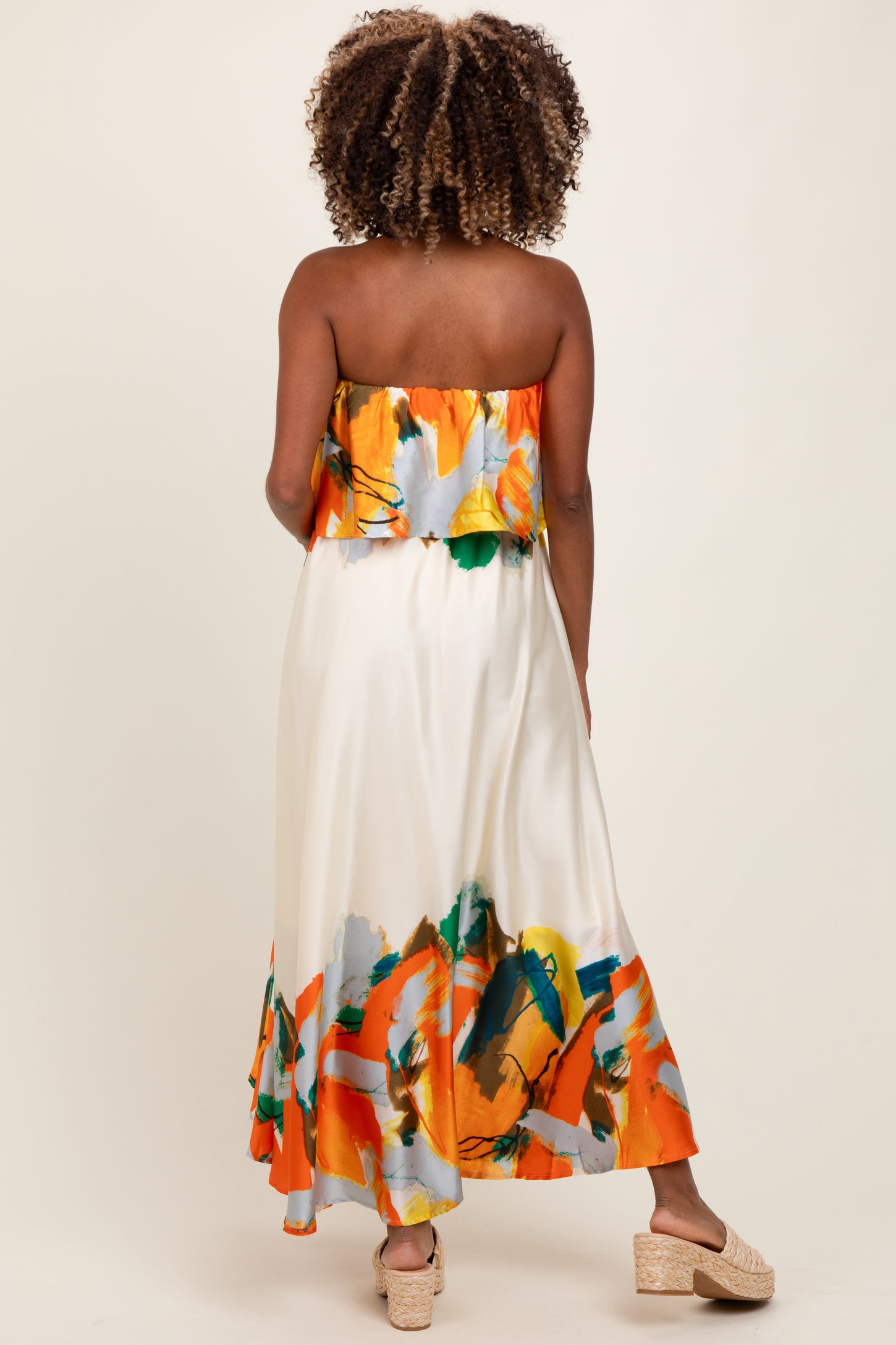 Orange Abstrast Print Strapless Flounce Maternity Maxi Dress