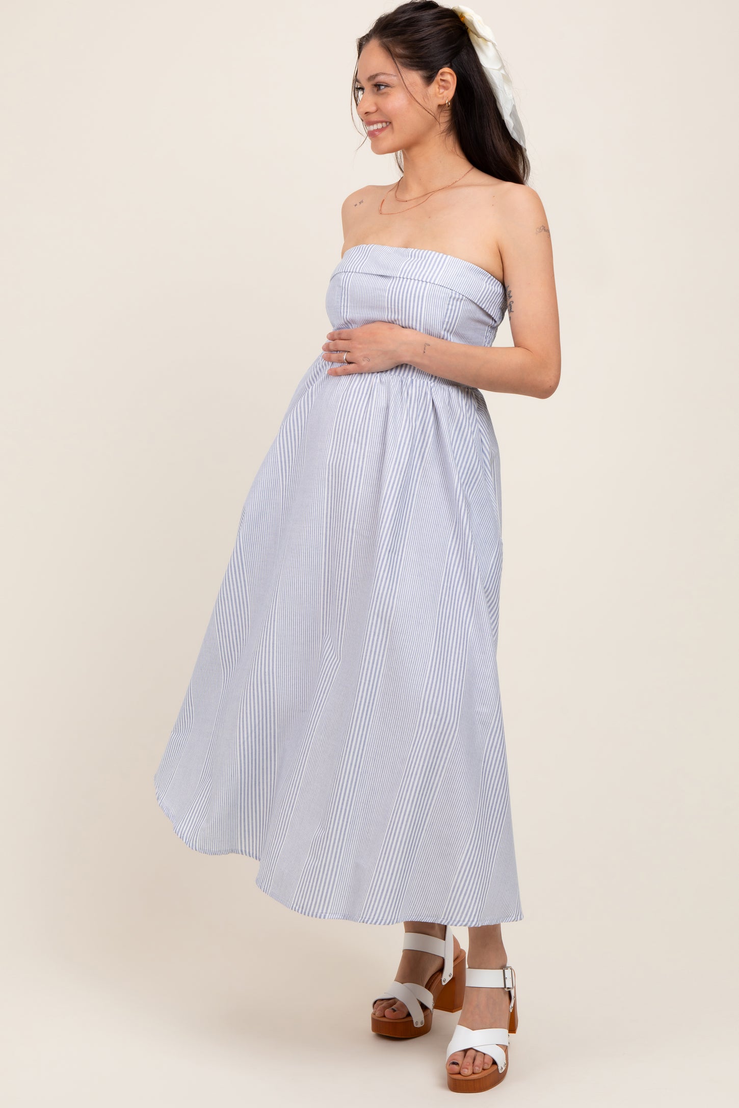 Blue Multi Stripe Strapless Maternity Midi Dress