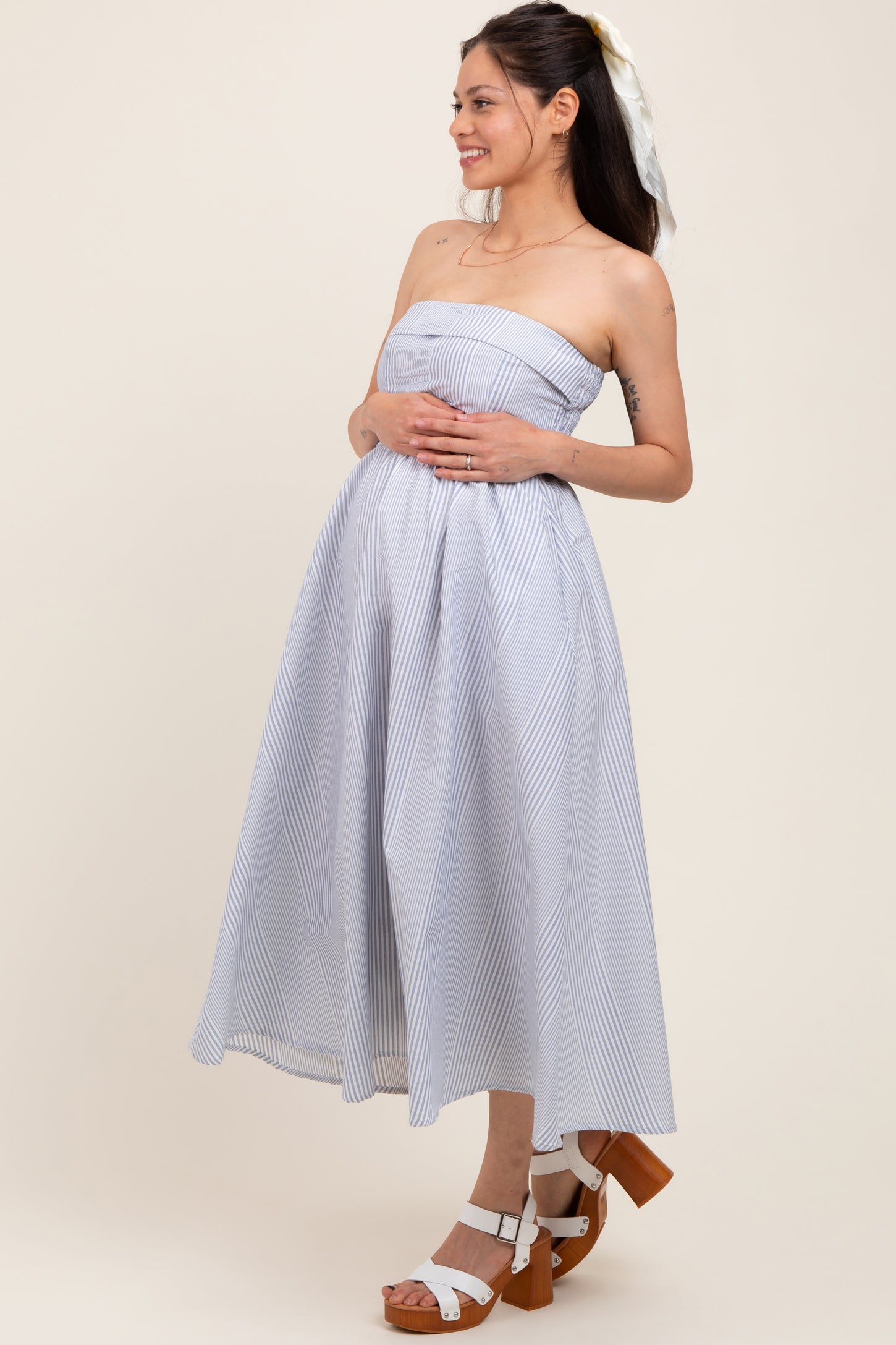 Blue Multi Stripe Strapless Maternity Midi Dress