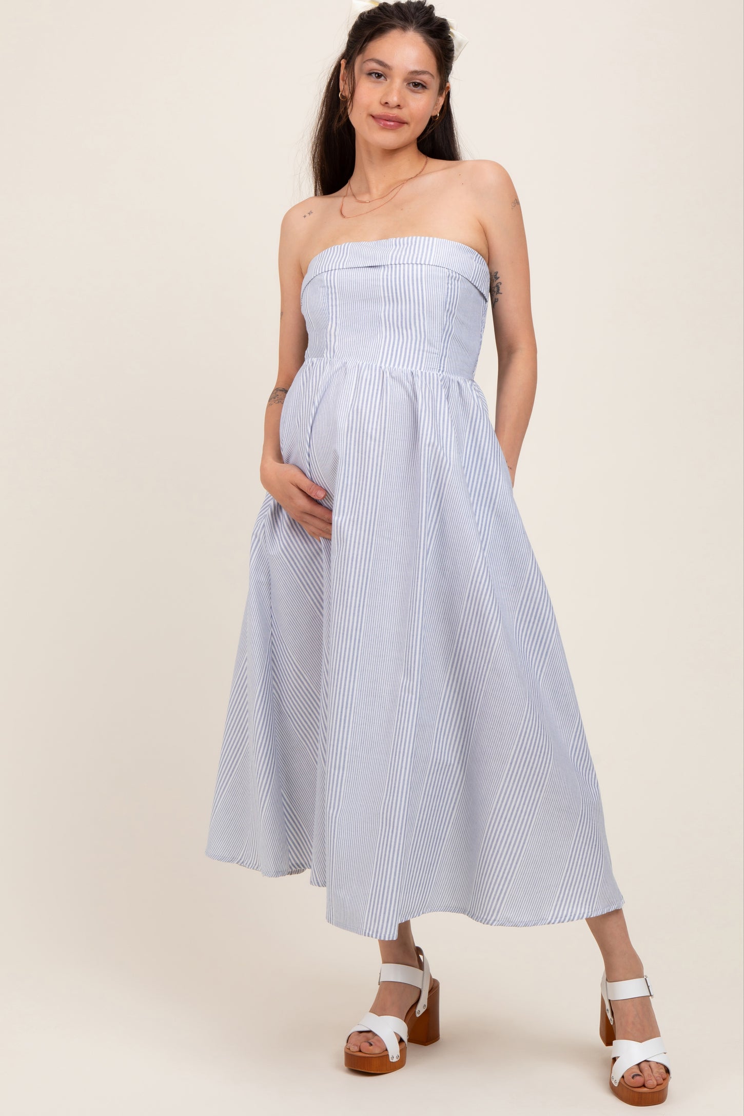Blue Multi Stripe Strapless Maternity Midi Dress