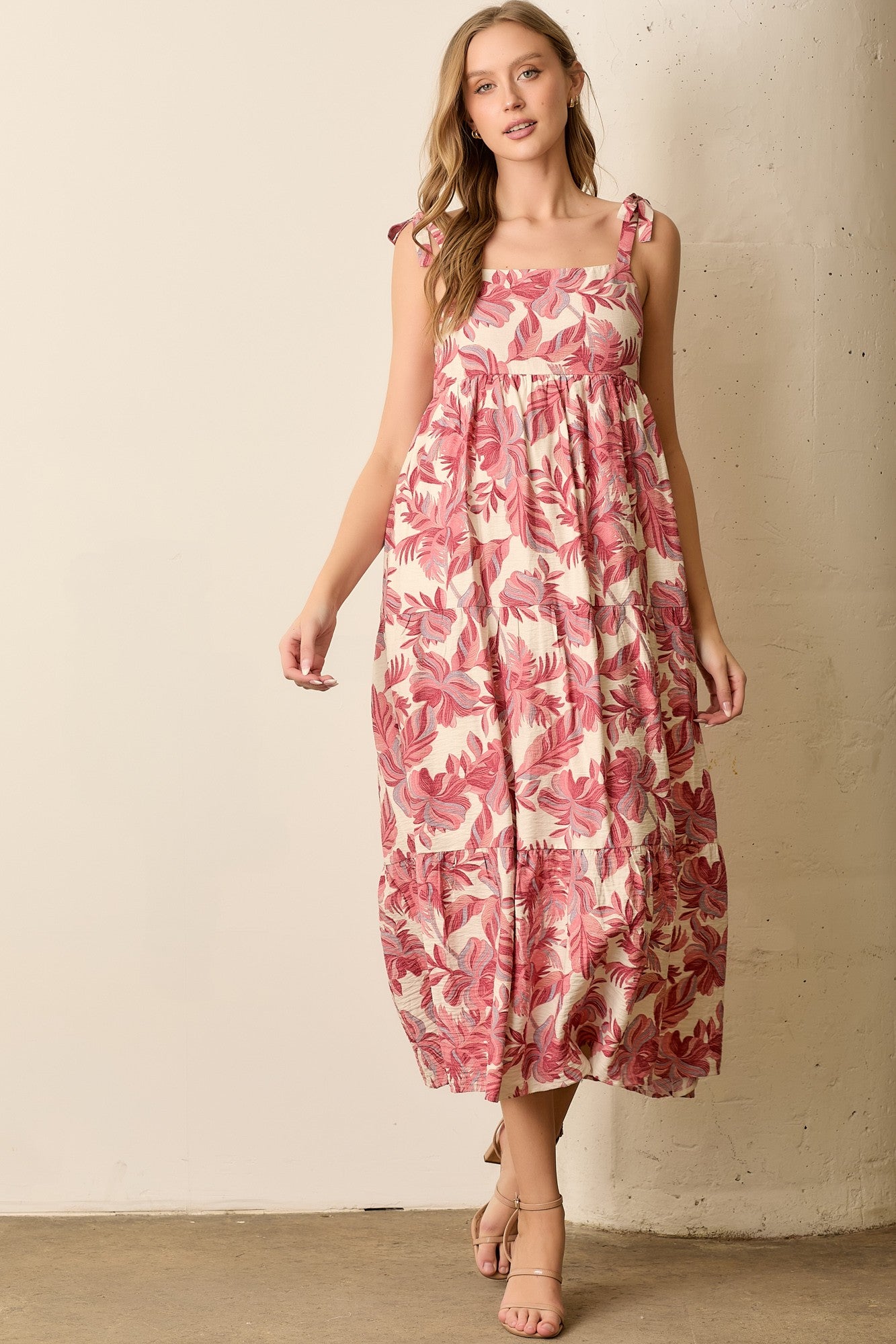 Mauve Floral Shoulder Tie Midi Dress