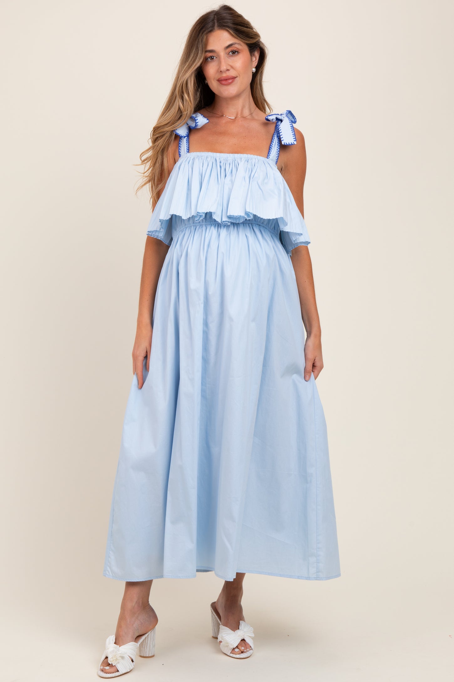 Light Blue Shoulder Tie Flounce Maternity Midi Dress