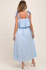 Light Blue Shoulder Tie Flounce Maternity Midi Dress