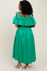 Green Shoulder Tie Flounce Midi Dress