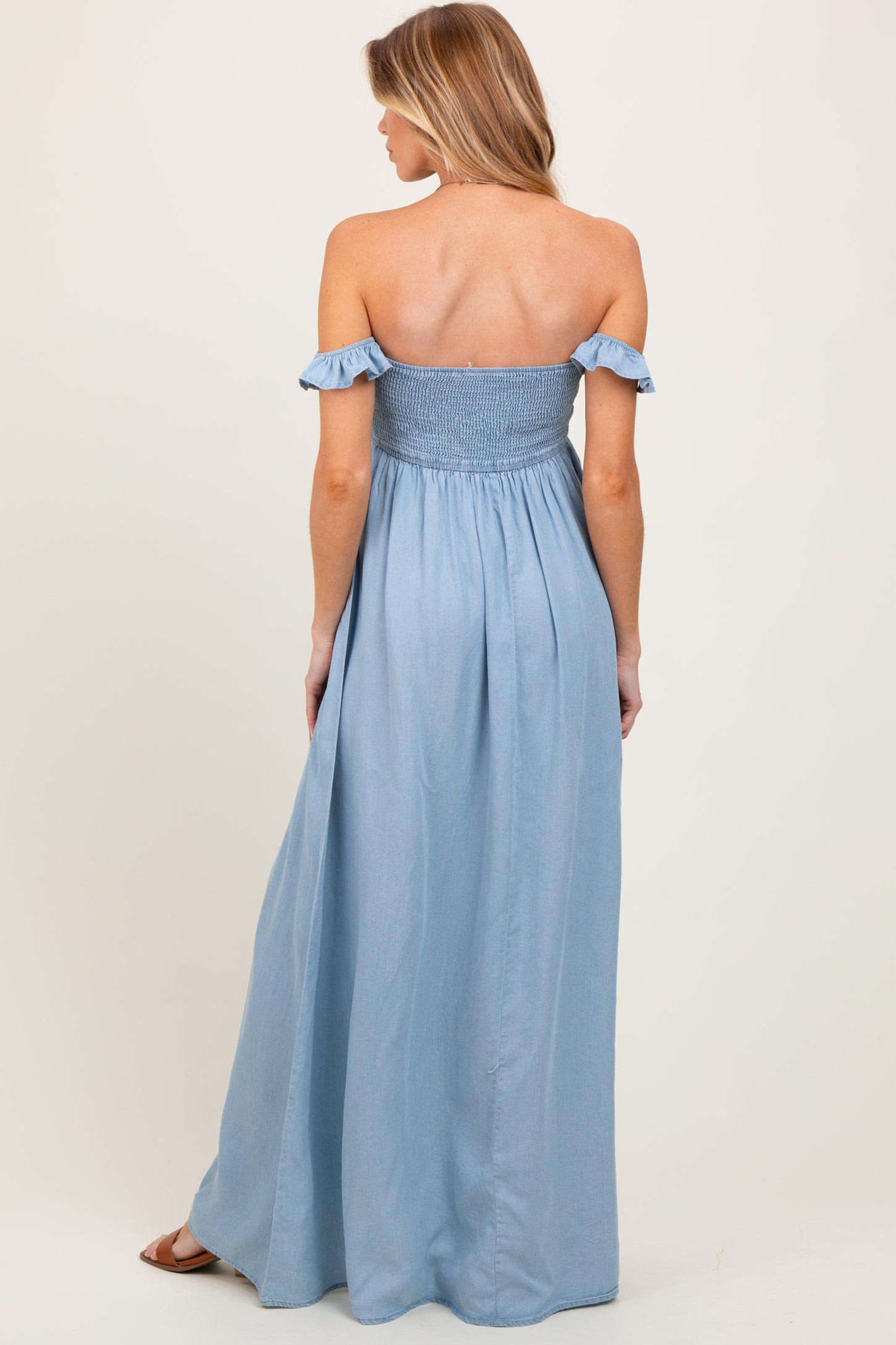 Light Chambray Smocked Denim Off-Shoulder Maternity Maxi Dress