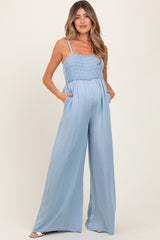 Light Blue Chambray Smocked Maternity Jumpsuit