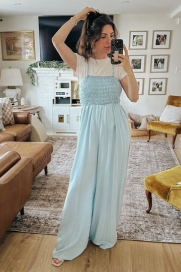 Light Blue Chambray Smocked Jumpsuit