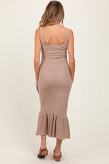 Light Taupe Crochet Knit Front Tie Maternity Midi Dress