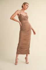 Mocha Mesh Ruched Fitted Maternity Midi Dress