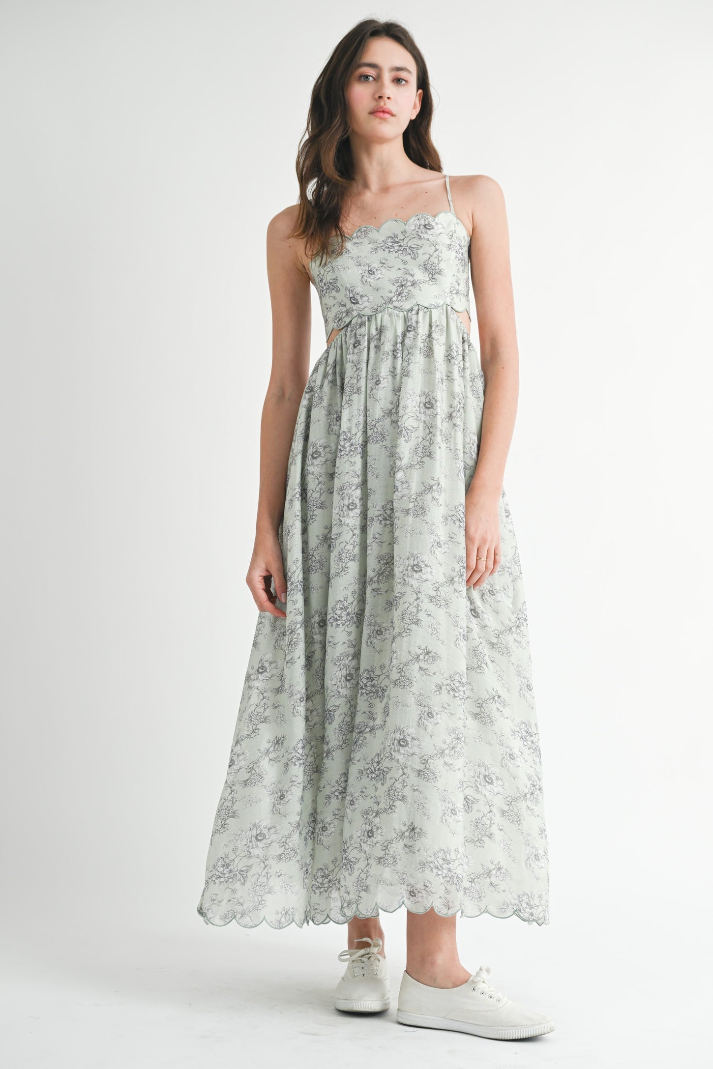 Light Sage Floral Scallop Edge Back Cutout Maxi Dress