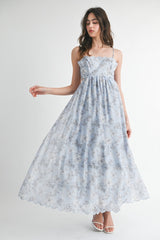 Blue Floral Scallop Edge Back Cutout Maxi Dress