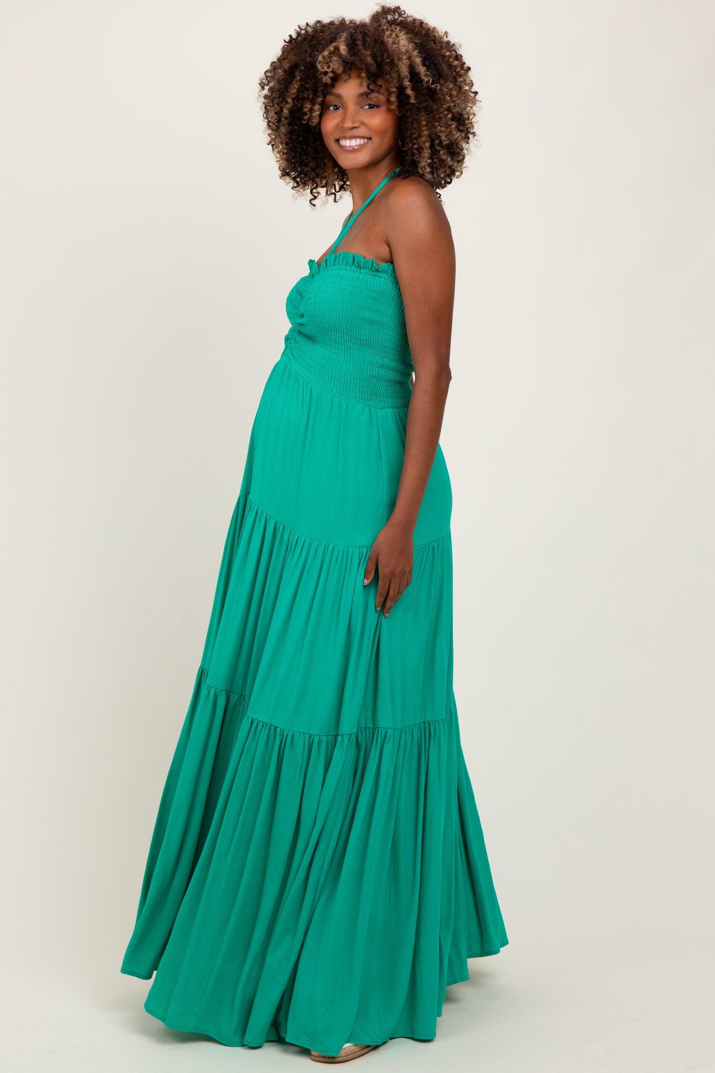 Green Smocked Halter Tiered Maternity Maxi Dress