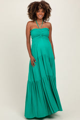 Green Smocked Halter Tiered Maternity Maxi Dress