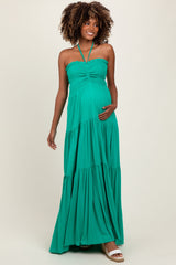 Green Smocked Halter Tiered Maternity Maxi Dress