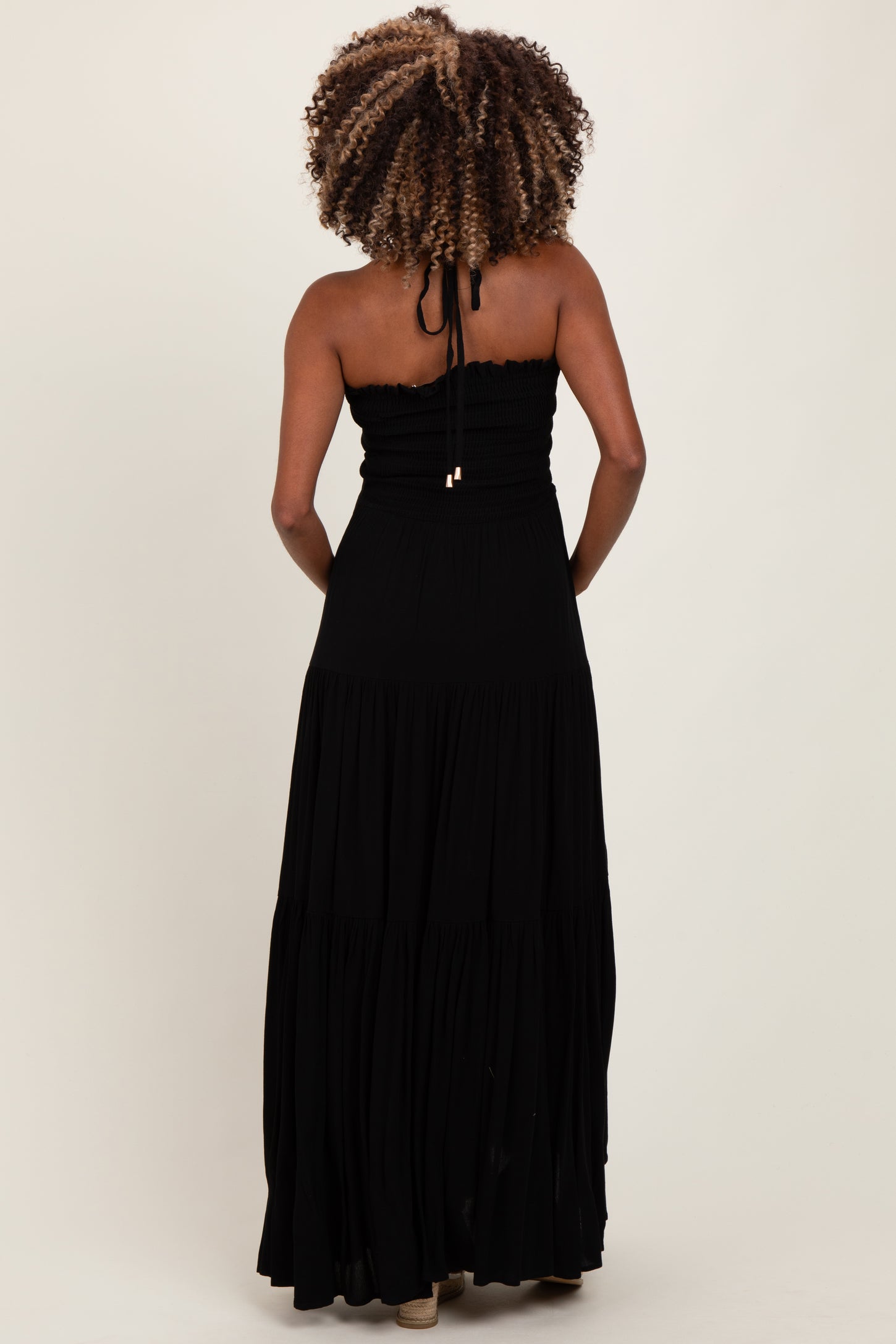 Black Smocked Halter Tiered Maternity Maxi Dress