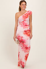 Light Pink Floral One Shoulder Ruched Maxi Dress