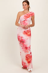 Light Pink Floral One Shoulder Ruched Maxi Dress
