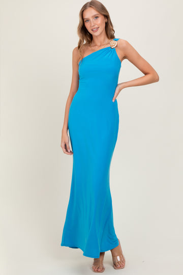 Blue One Shoulder Pendant Cutout Maxi Dress