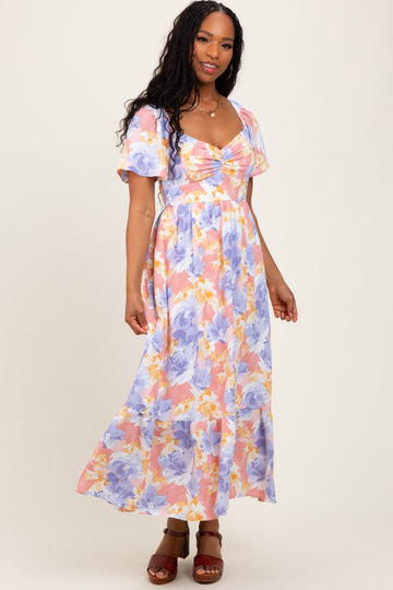 Coral/Purple Floral Flare Sleeve Tiered Maxi Dress