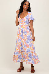 Coral/Purple Floral Flare Sleeve Tiered Maxi Dress