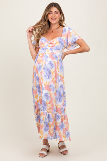 Coral/Purple Floral Flare Sleeve Tiered Maternity Maxi Dress