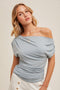 Light Blue Asymmetrical Neck Line Ruched Knit Top