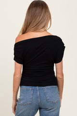Black Asymmetrical Neck Line Ruched Knit Maternity Top