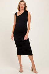 Black Asymmetrical Neckline Ruched Maternity Midi Dress