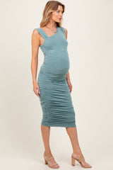Light Olive Asymmetrical Neckline Ruched Maternity Midi Dress