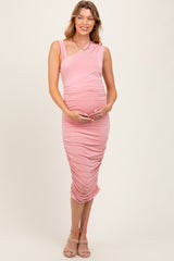 Pink Asymmetrical Neckline Ruched Maternity Midi Dress