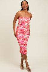 Fuchsia Floral Mesh Ruched Maternity Midi Dress