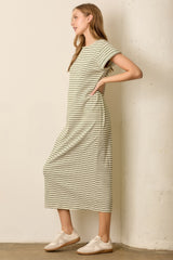Olive Striped Midi T-Shirt Dress