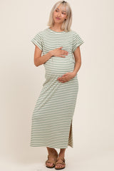 Olive Striped Maternity Midi T-Shirt Dress