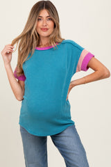 Teal Ribbed Colorblock Detail Maternity Short Sleeve Top