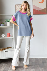 Blue Ribbed Colorblock Detail Short Sleeve Top