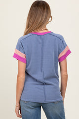 Blue Ribbed Colorblock Detail Maternity Short Sleeve Top