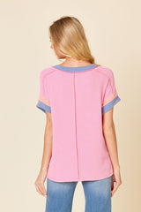Pink Ribbed Colorblock Detail Short Sleeve Top