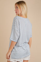 Blue Striped Oversized V-Neck Front Pocket T-Shirt