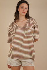 Mocha Striped Oversized V-Neck Front Pocket Maternity T-Shirt