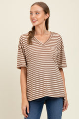 Mocha Striped Oversized V-Neck Front Pocket Maternity T-Shirt
