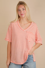 Peach Striped Oversized V-Neck Front Pocket Maternity T-Shirt
