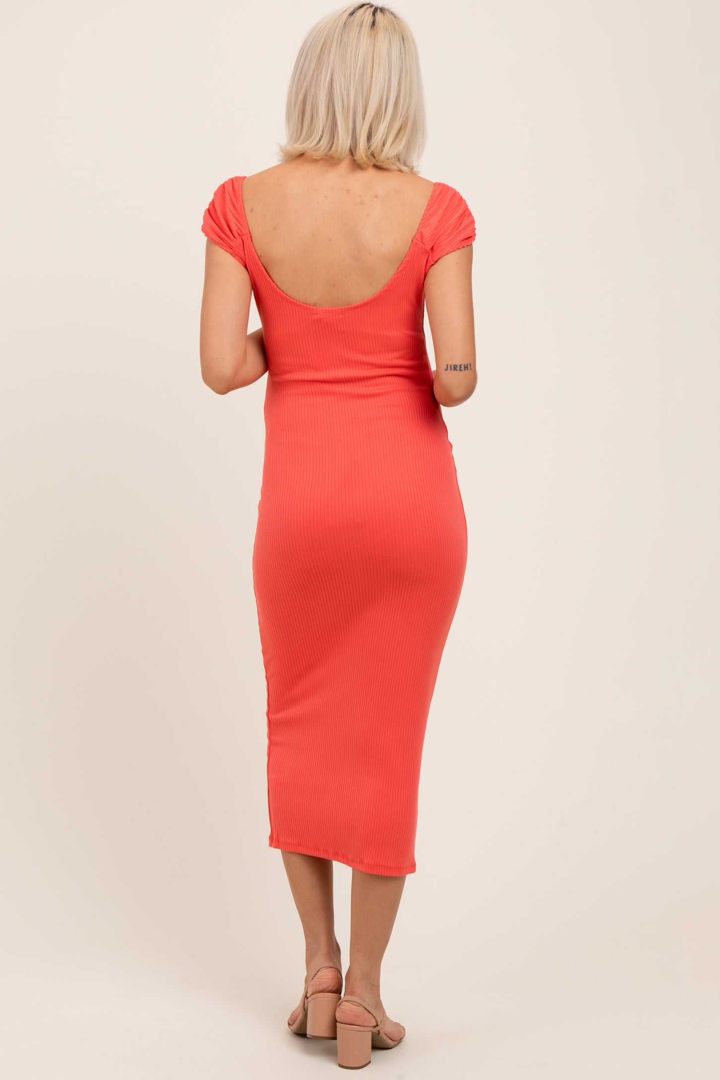 Coral Ribbed Cinched Sleeve Maternity Midi Dress